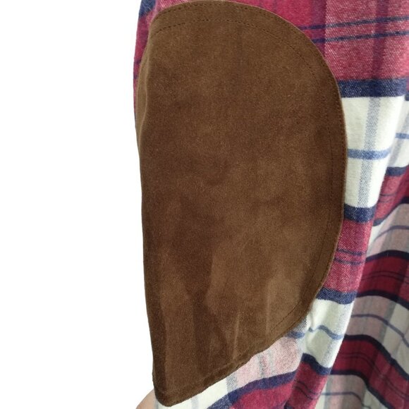 J Crew Flannel Plaid Chamois Elbow Patch Button Up Shirt Size L Red Blue Preppy - Picture 3 of 14